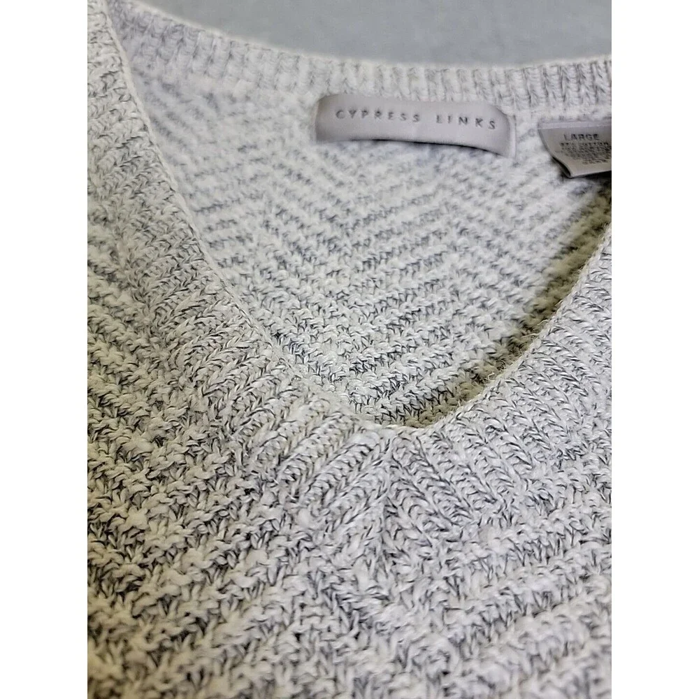 Vtg‎ Cypress Links V Neck Sweater Mens L White Gray Knit Cotton Blend Golf Dad